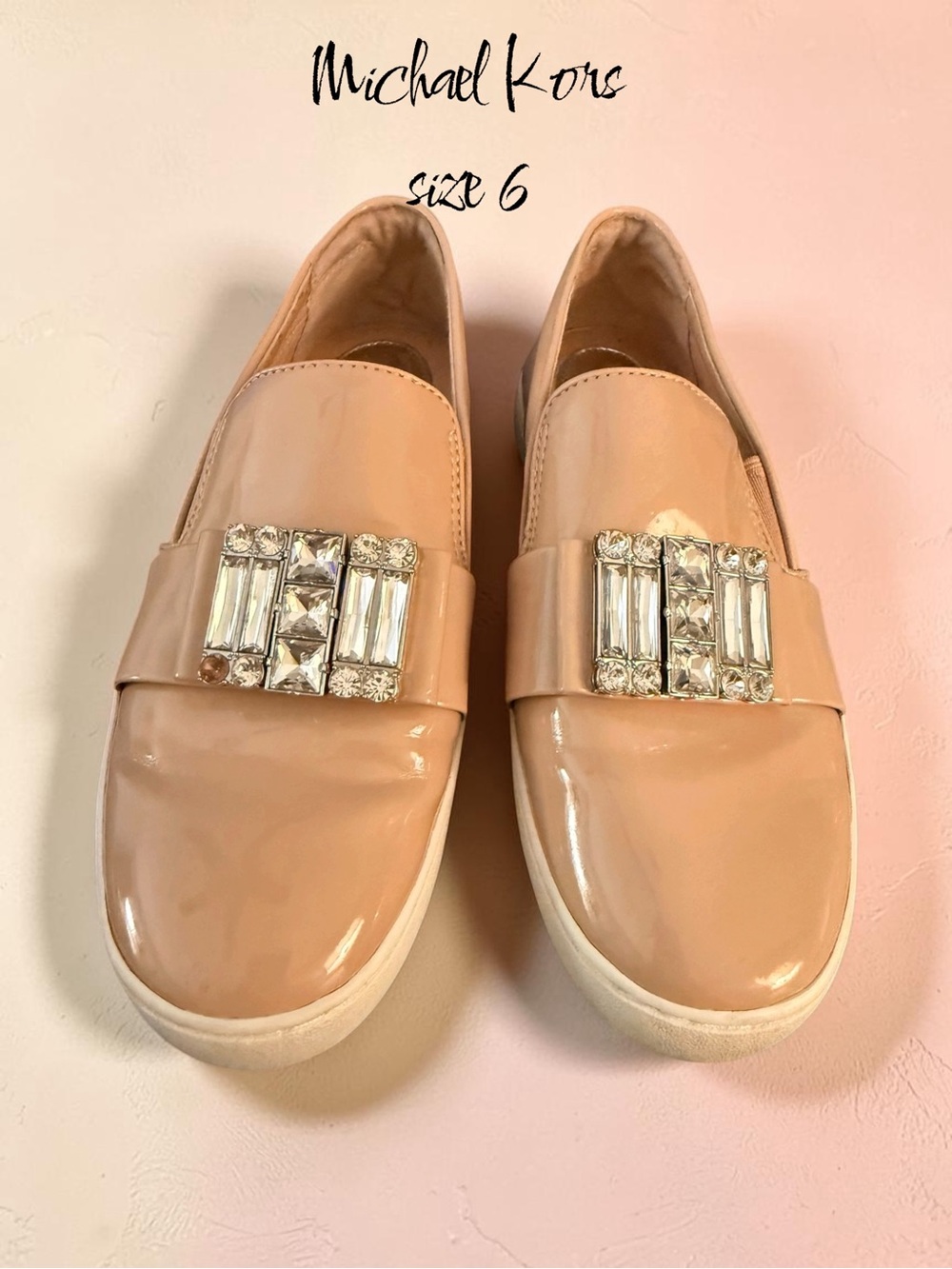 Michael Kors Taupe Patent Slip On Sneakers Crystal Embellished Shoes Size 6 - Picture 1 of 12